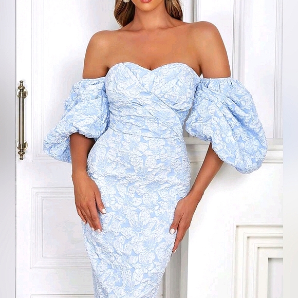 New Luxe Textured Floral Puffed Sleeve Dress Midi Off Shoulder Light Blue - Picture 7 of 10